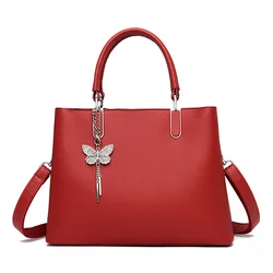 2023 Hot Sell Classic Elegant Style Plain Butterfly Decoration Embossed Litchi PU Leather Tote Shoulder Bag Handbags