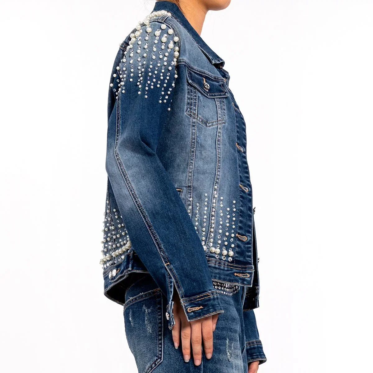 Custom Women Navy Blue Heavy Duty Pearl Rhinestone Long Sleeve Lapel Jean Jacket