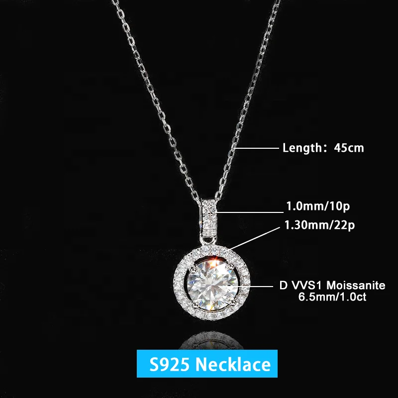 Классический дизайн Starsgem 925 Серебряная цепочка 1ct Круглый Муассанит камень и гало ожерелье