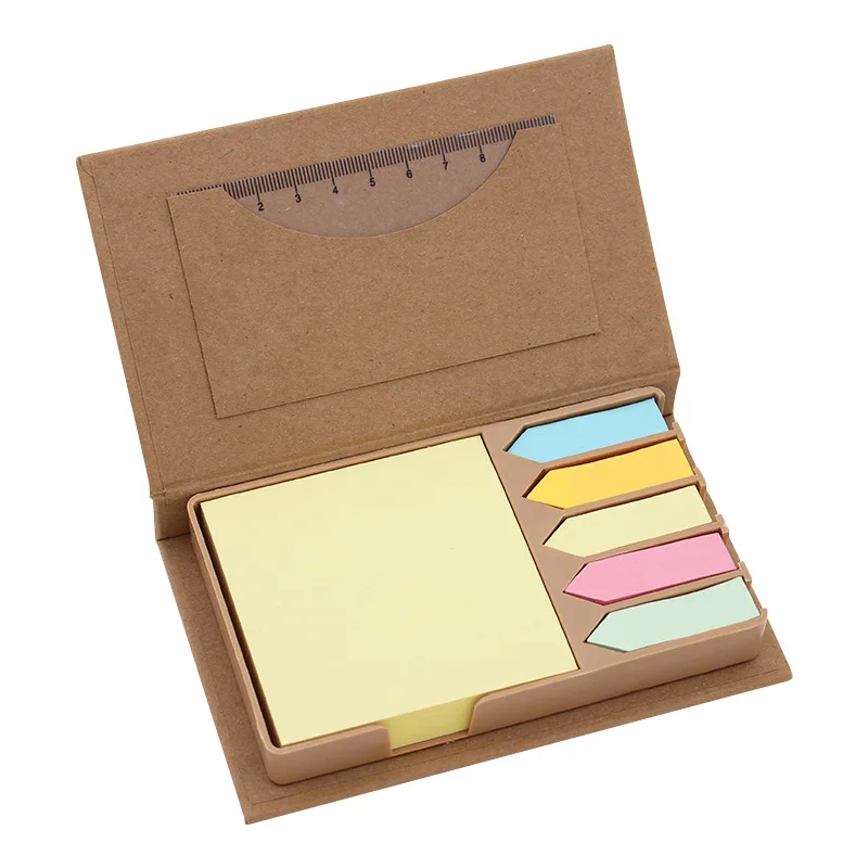 Custom logo memo pad sticky notes set in kraft paper cover plastic holder box with ruler