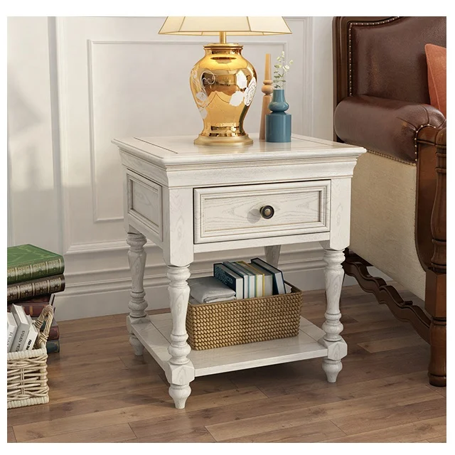 france white wood coffee side table modern	with 1 drawer and 1 shelf for living room