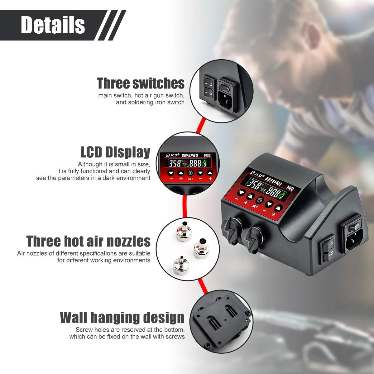 JCD 8898Pro 750W LCD Digital Display Hot Air Gun Solder Iron 2 in 1 SMD Rework Soldering Station Welding Station