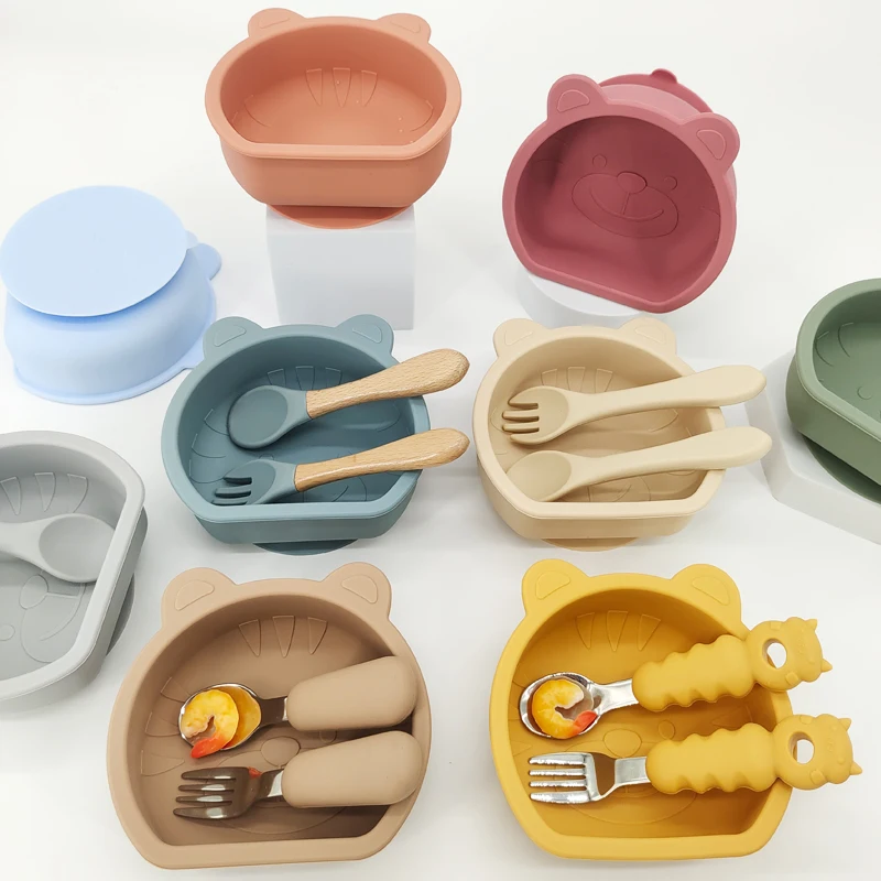 Baby product Wholesale Silicone suction bowls  Food Grade Anti-Spill Baby Bowl Feeding set
