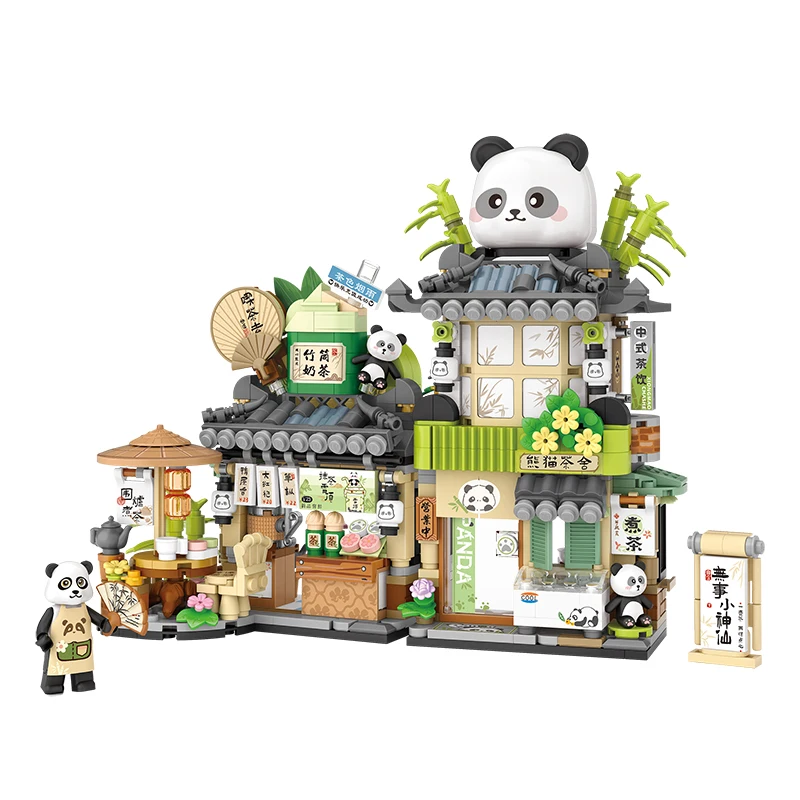 LOZ Street View Blocks Cute Panda Tea House Bamboo Cart Puzzle Education Assembly Toys 860pcs