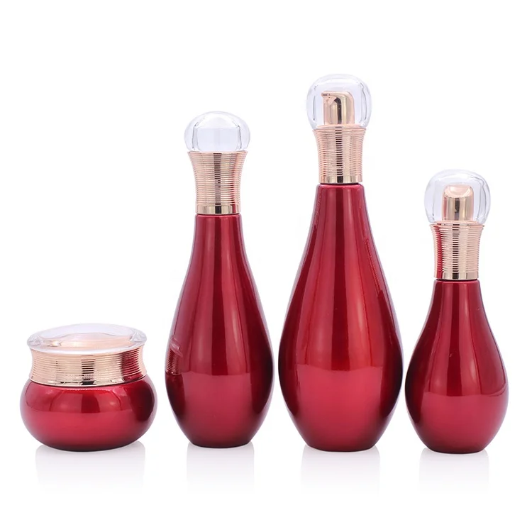 
hot selling cosmetic packing sets unique red glass body lotion containers and cream jars 