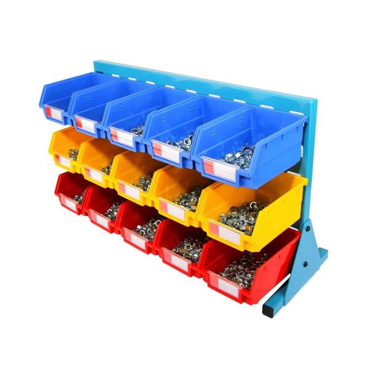 Louvered bench pick racks with 15 storage bins