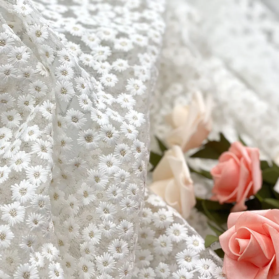 MOQ 1 meter ready goods floral sunflower usa orders white goldline all over small daisy embroidery fabric