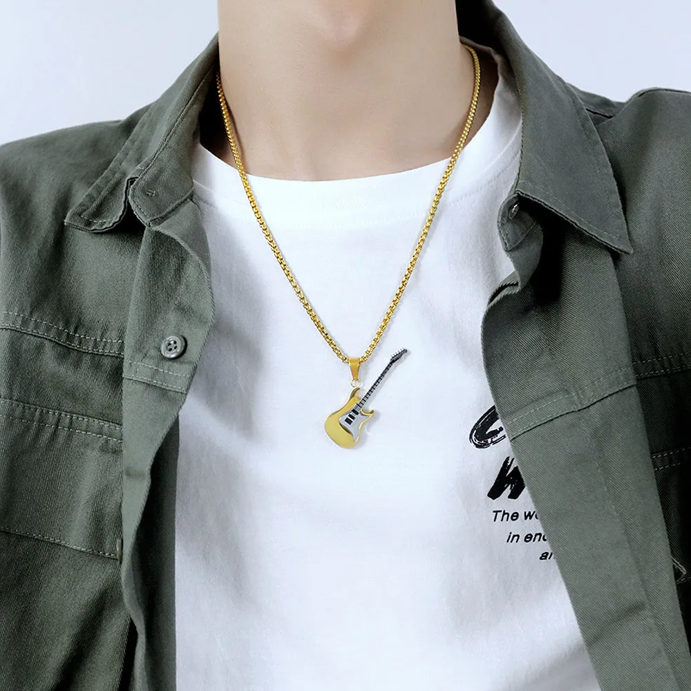 Personality trend European and American hip hop stainless steel street classic hip male guitar titanium steel necklace