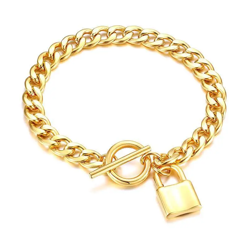 New Design 7mm 18K Gold Stainless Steel Cuban Link Chain Lock Pendant Bracelet For Men Women Unisex