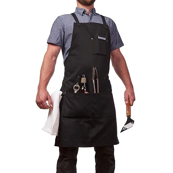 Professional Kitchen Bar Chef Waiter Cross Shoulder Strap Natural Cotton Black Barber Apron For Men
