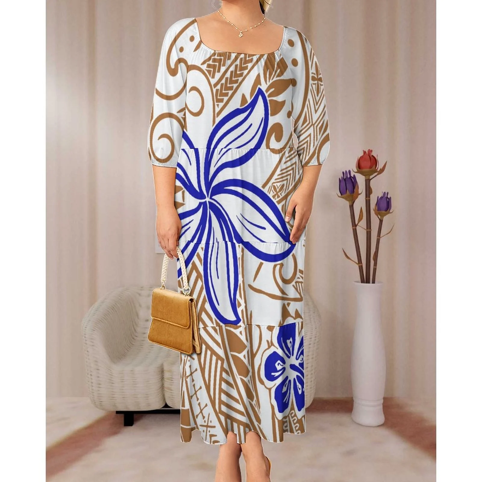high quality 1 MOQ loose big size 8XL women tiered dress elegant puff sleeve polynesian hawaii long dress women for party