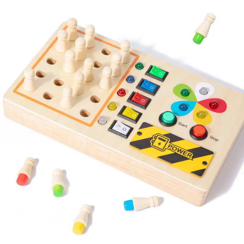 KS Montessori Educational Kids Wooden switch Busy Board with 10 led light 20 chessman Memory Chess Game