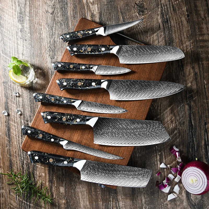 RUITAI 8PCS Professional Japanese Real Damascus Steel Kitchen Chef Knife Set Resin Carbon Fiber Handle