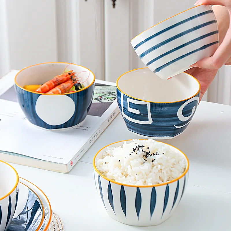 4.5inch Natural Healty Japanese Ceramic Bowl Blue and White Porcelain Soup Rice Bowl