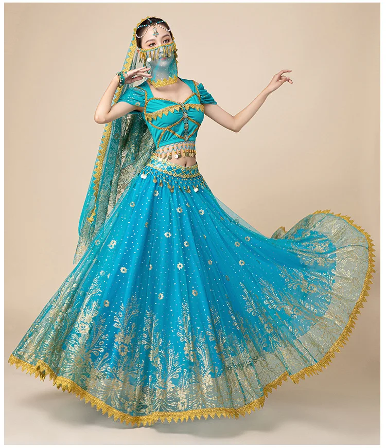 Ladies Halloween Dress Up luxurious Shiny Golden Pattern Indian Cosplay Aladdin Jasmine Princess Belly Dance Bollywood costumes