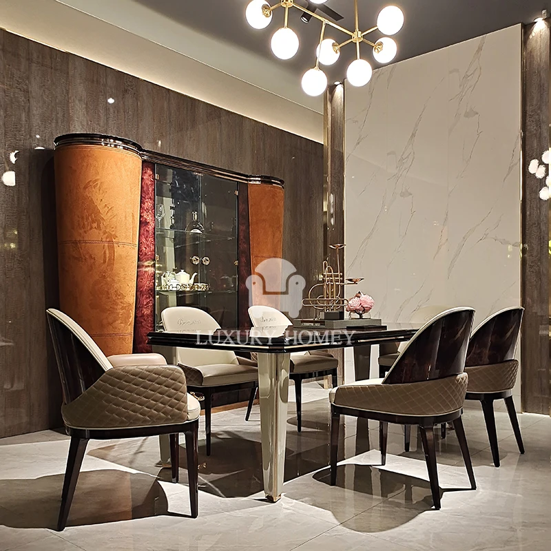 Italian Style Solid Wood Dining Table And Chairs Long Dining Table Combination Luxury Wooden Oak Veneer Table And Chairs