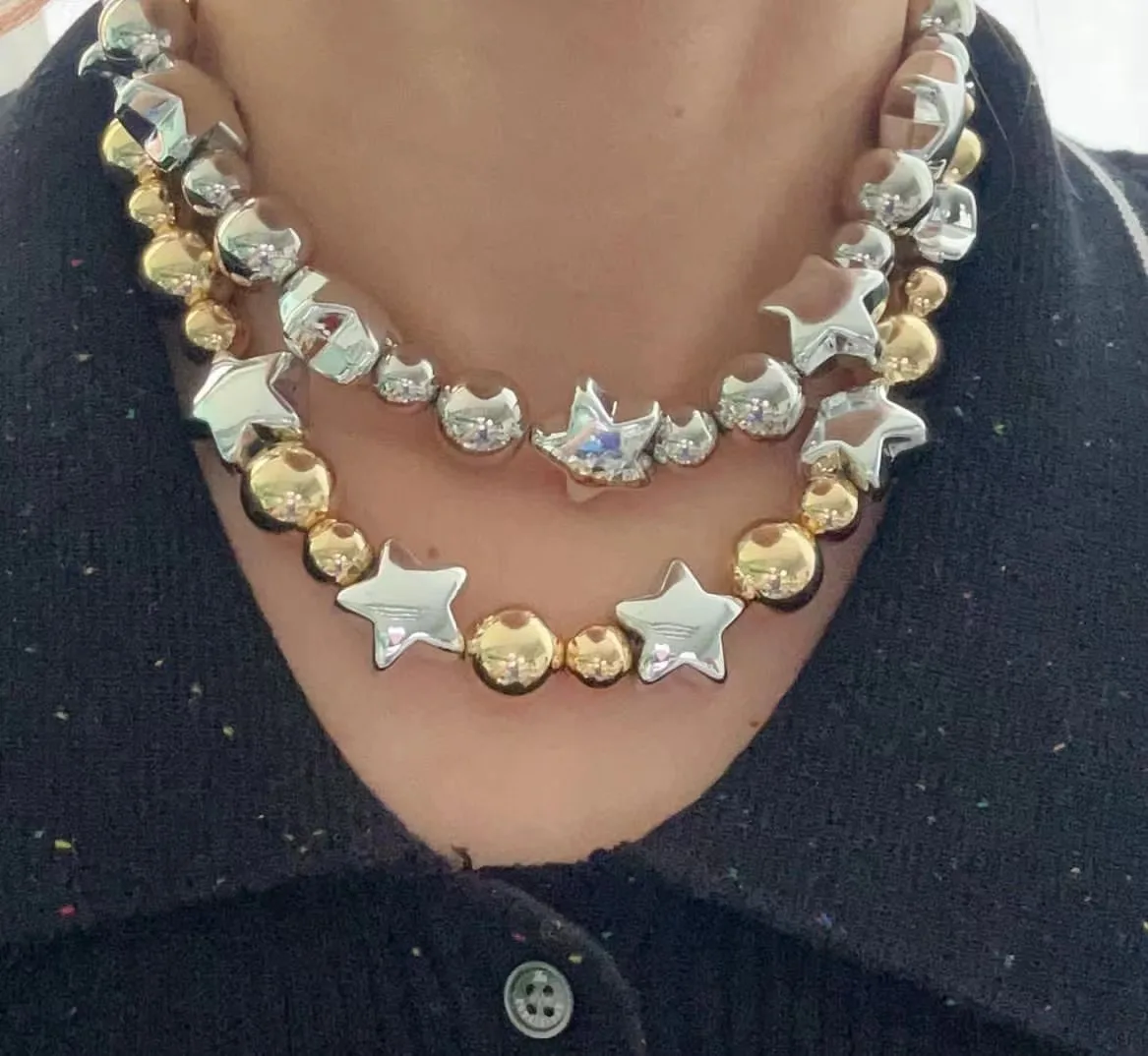 New Fashion Design Chunky Round Ball Chain Necklace Silver Star Gold/Silver Plated Beads Ball Chain Choker Women Party Jewelry