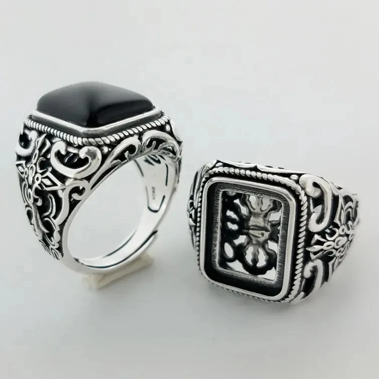 925 sterling silver Fashionable Wholesale Vintage Antique Silver Color Resin Gemstone Dubai Couple Wedding Rings For Women Men