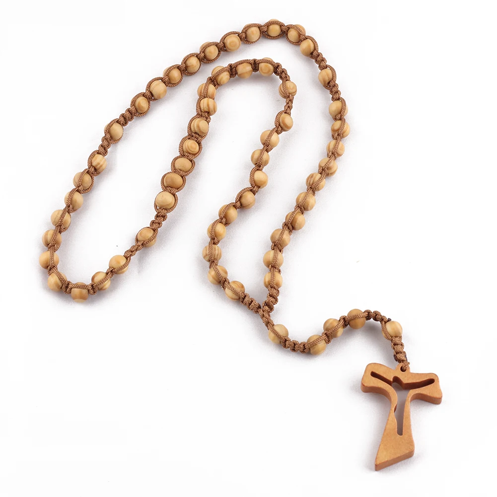 8mm pine wooden beads catholic rosary necklace on cord big cross