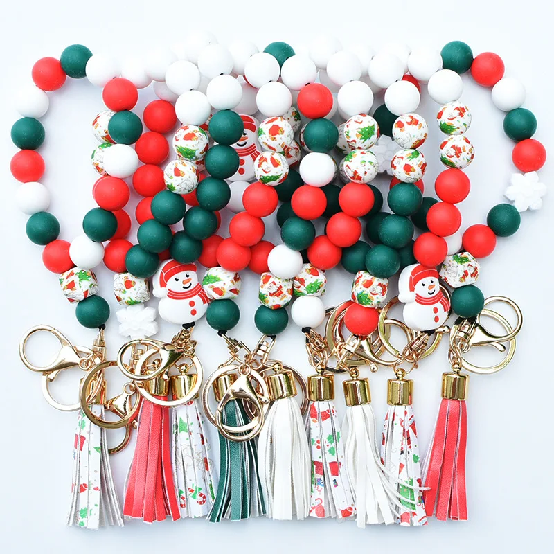 2023 Christmas Gift Snowflake Snowman Silicone Beads Wristlet Bracelet Keychain With Pu Leather Tassel Bangle Keyring For Girls