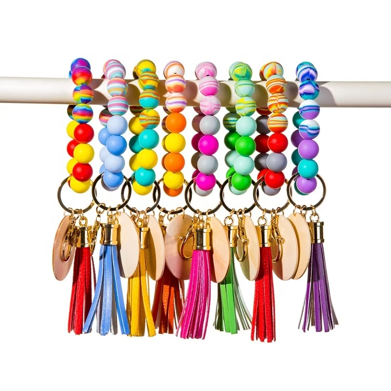 2022 New Lady Rainbow Silicone Beaded Bracelet Keychain Wristlet Tassel Key Ring Bangle Chains  with 5CM Blank Wood disc