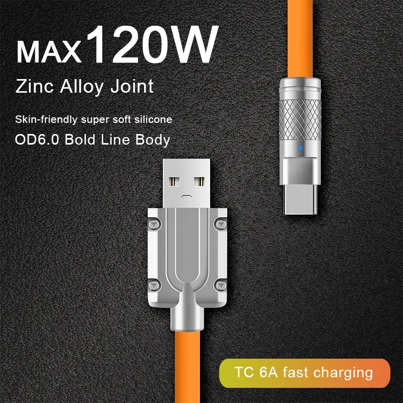 120W 6A Super Fast Charge Liquid Silicone Cable Type-C Charger Data Cable For Xiaomi Huawei Samsung Zinc USB Bold Data Line 1m