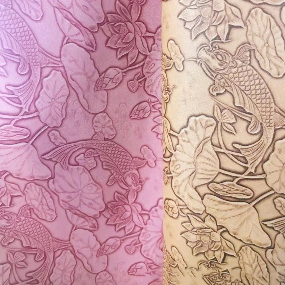 New Design 3D Engraved Koi Lotus Flower Fish Pattern Embossed Faux Vinyl PVC Leather Fabric For Bags Shoes Upholstery