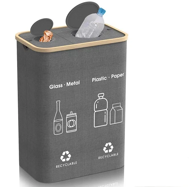 Custom Design Foldable Double-layer Rectangular Storage Recyclable Bamboo Oxford Cloth Bottle Recycling Storage Basket