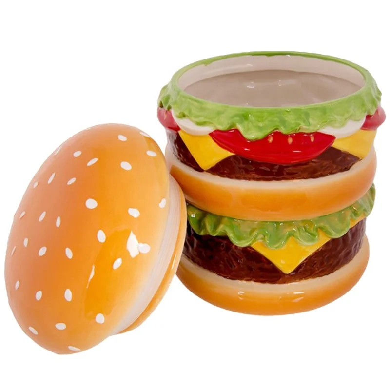 Custom handmade kitchen decor centrepiece hamburger burger shape storage canister porcelain chessburger cookie jar
