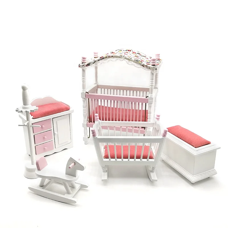 ILAND 1/12 Scale Dollhouse Furniture Miniature Accessories Baby Crib Nursery Doll House Bed Closet Rocking Chair Hobbyhorse