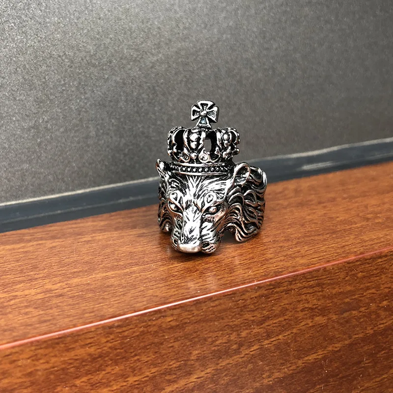 Wholesale Retro Lion Head Ring vintage black silver adjustable open Cool Boy Domineering Alloy Exaggerated Ring For Men