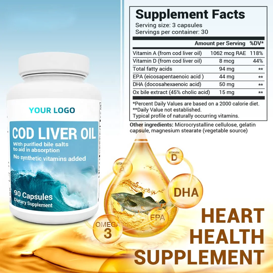 Natural Fish Oils Supplements Cod Liver Oil capsule Vitamins A & D Promoting DHA & EPA