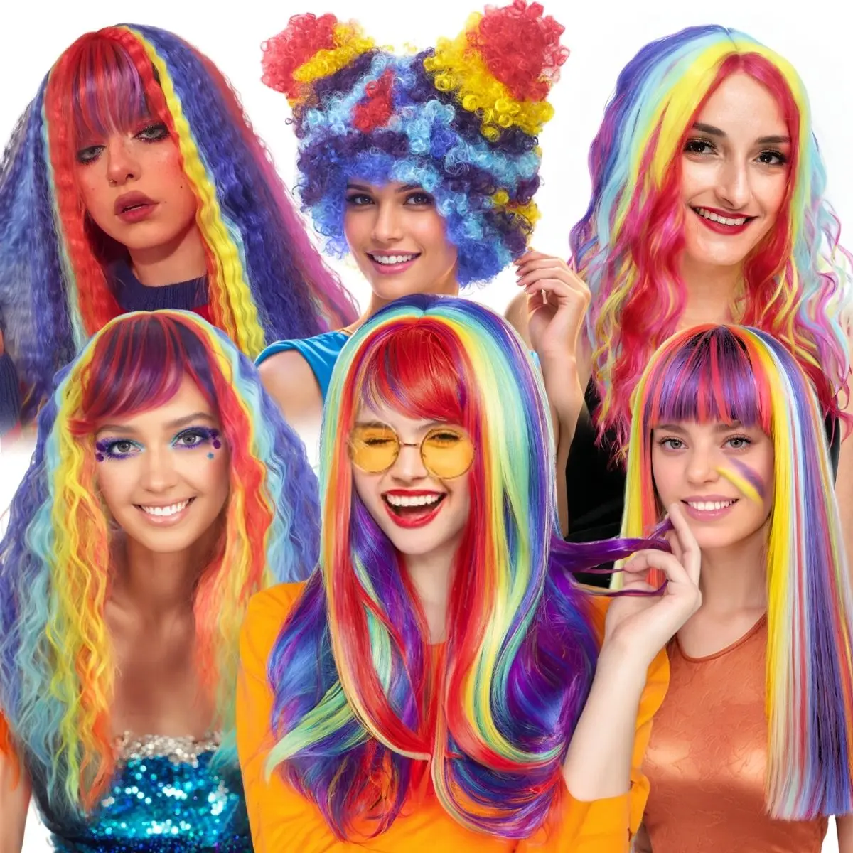 Anxin News Rainbow Colorful Long Curly Wave Wholesale-Synthetic Wigs For Women Party Halloween