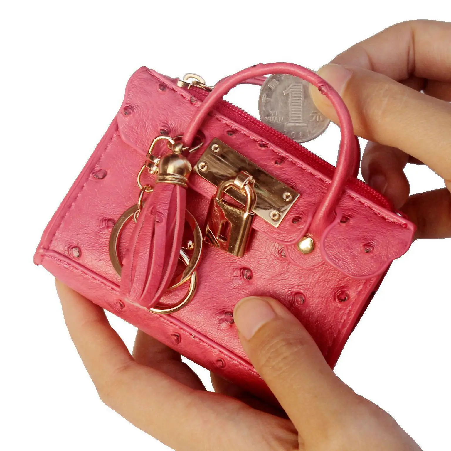 mini lock zipper leather keychain card coin purse for ladies women