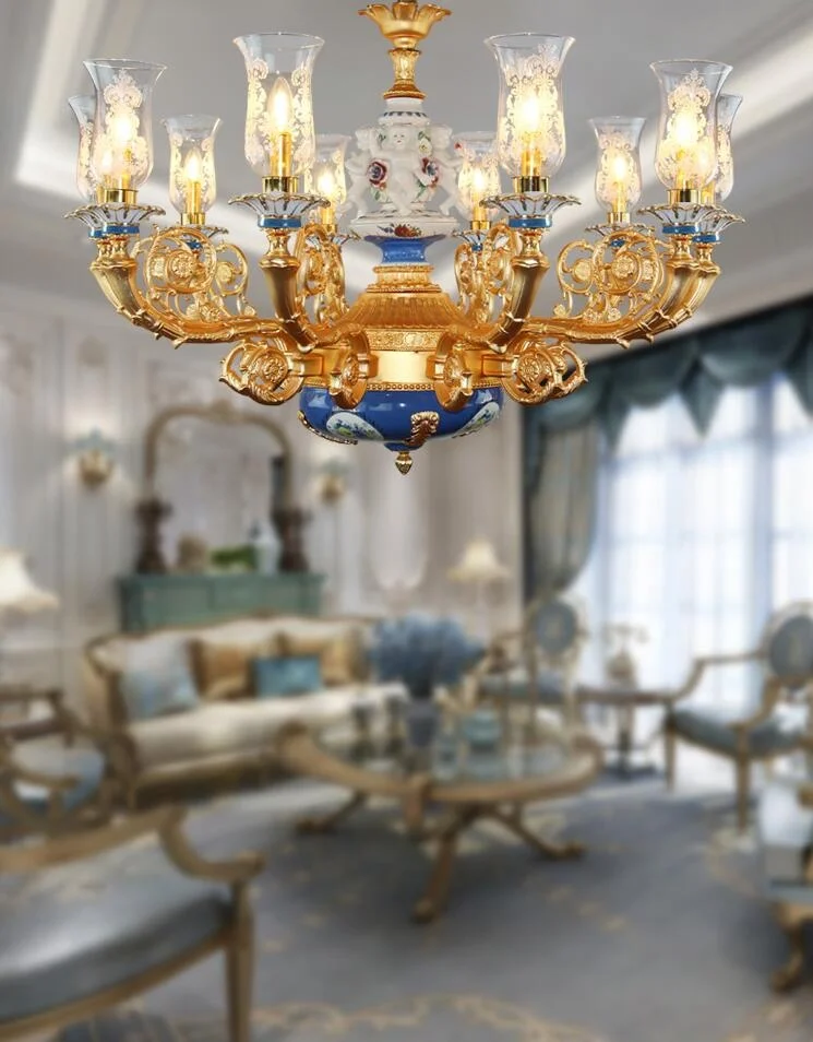 Vintage glass Chandelier Ceramic Living Room Lights All Copper French Bedroom Lighting Crystal Blue Lustre Chandelier Ceiling