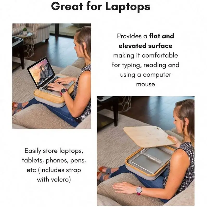 Bamboo Lap Desk With Laptop Storage Compartment Pillow Cushioned Accessories Book Stand