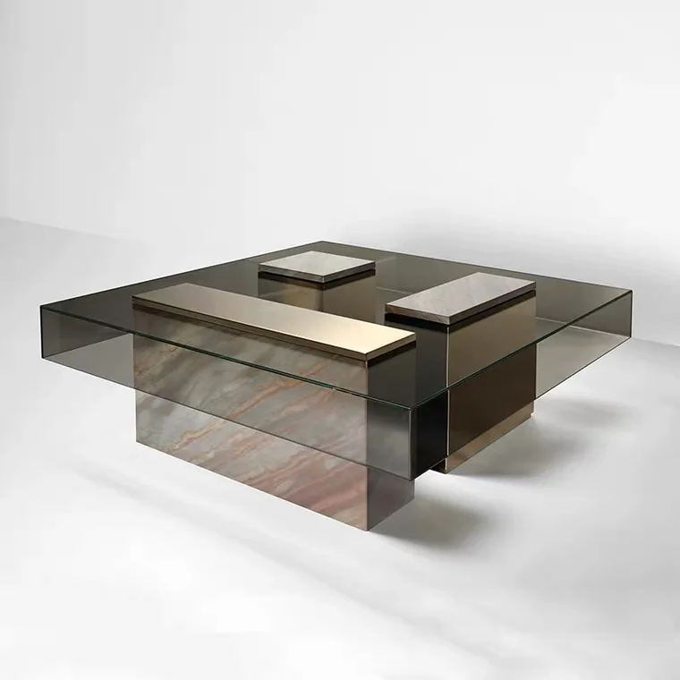 Luxury living room table ready to ship square stainless steel glass center table marble modern coffee table