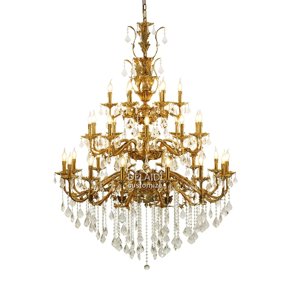Antique brass crystal chandelier pendant light fixture cristal lustre luxury villa hotel banquet french brass chandelier