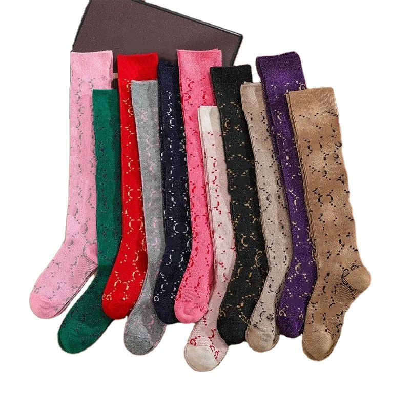 Fashion designer socks famous brand women glitter thigh high gg socks double g socks in the box