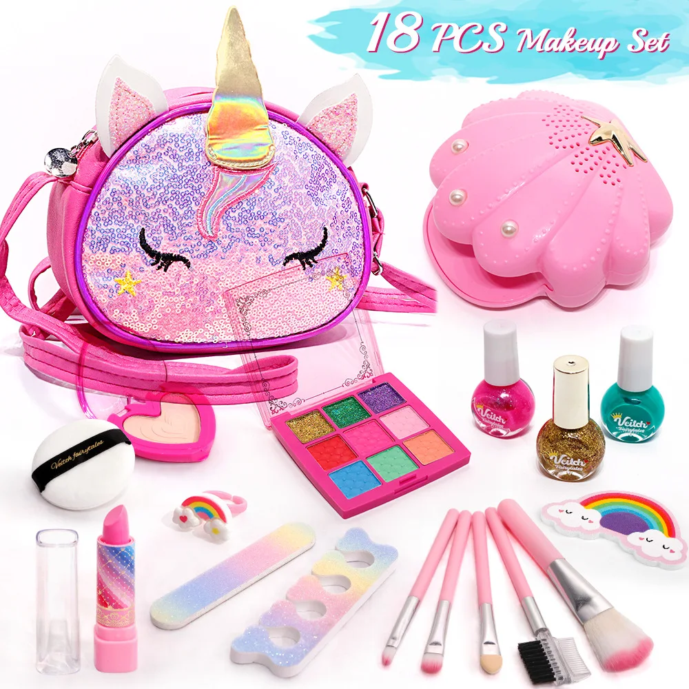 Kids Unicorn Makeup Toy Kit for Girls Washable Makeup Set Toy With Cartoon Bag Pretend Play Makeup Beauty Set Birthday Toys Gift