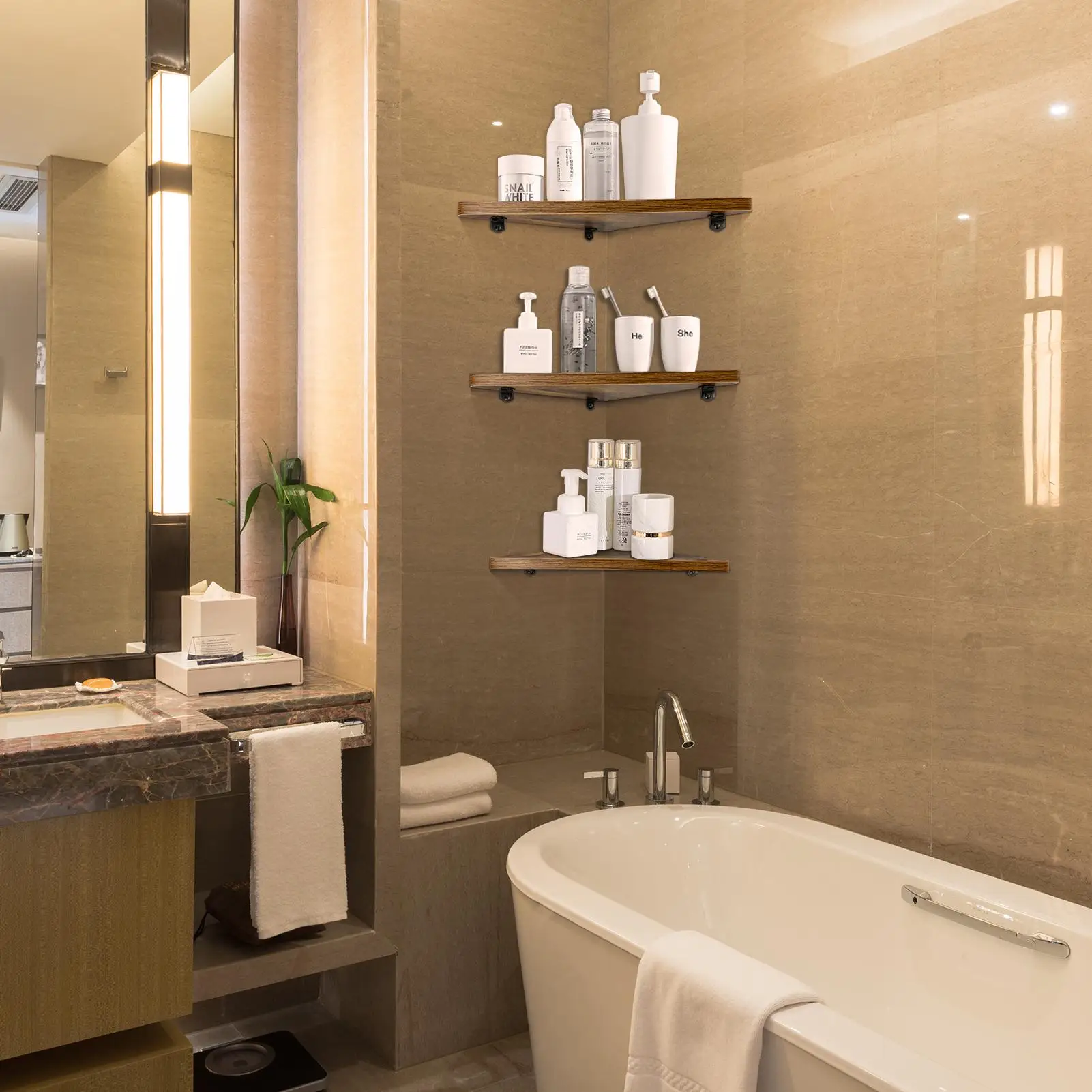 Corner shelf bathroom wall storage holder Rustic Wood Wall Shelves for Bathroom Kitchen Bedroom Living Room Office Nursery