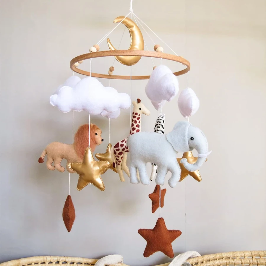 Soft Baby mobile neutral animals nursery mobile felt Africa safari giraffe zebra elephant lion crib mobile