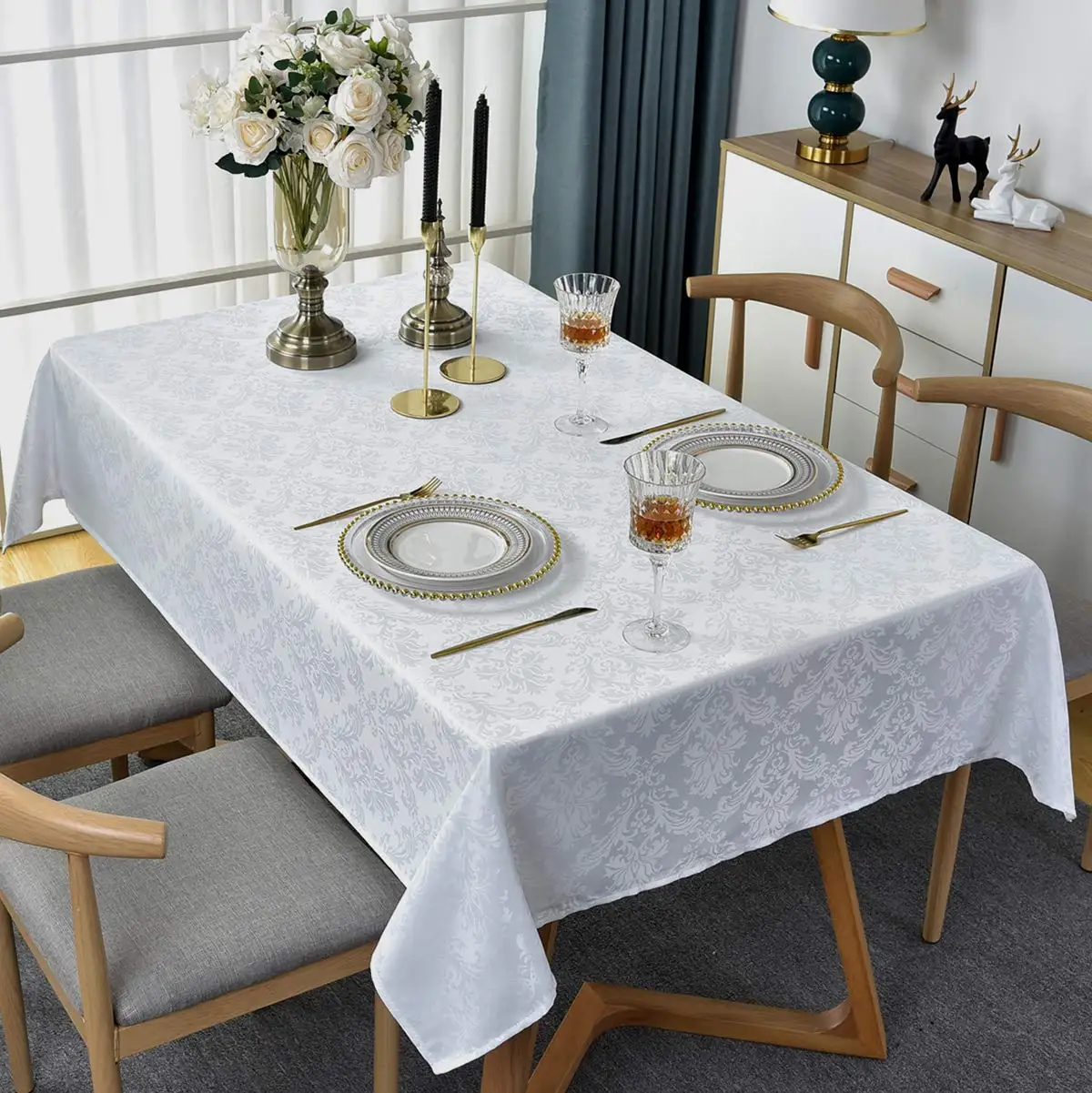 Jacquard Table Cloth Damask Wrinkle Resistant Polyester Tablecloth for Wedding Hotel