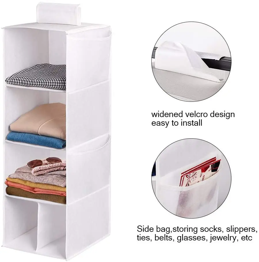 4 Shelves Hanging Closet Organizer Cloth Hanging Shelves for Closet Organizer with Hook and Loops