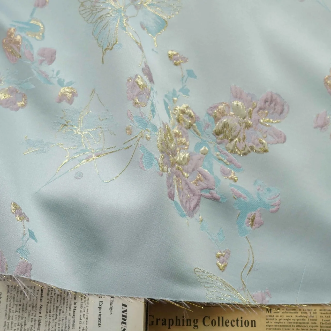 Top fashion Elegant soft gold silk butterfly embossed bubble dress spring and autumn fabric