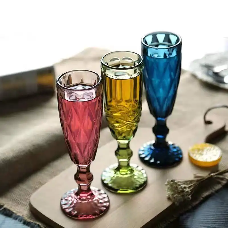 Wholesale wedding glasses Color embossed pattern Transparent Drinking cup Clear wine glasses Retro pressed water glassware
