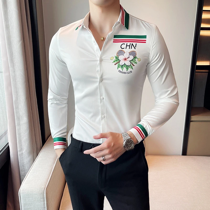 High quality fashion chemise sans repassage homme digital print shirt men long sleeve shirts