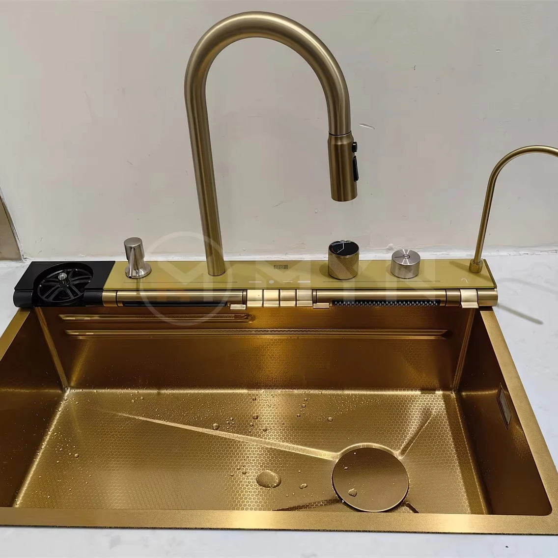 2024 Tiktok Trend 75cm Two Waterfall Faucet Rose Gold  Bionic Honeycomb 304 Stainless Steel Big Single Bowl Digital Kitchen Sink