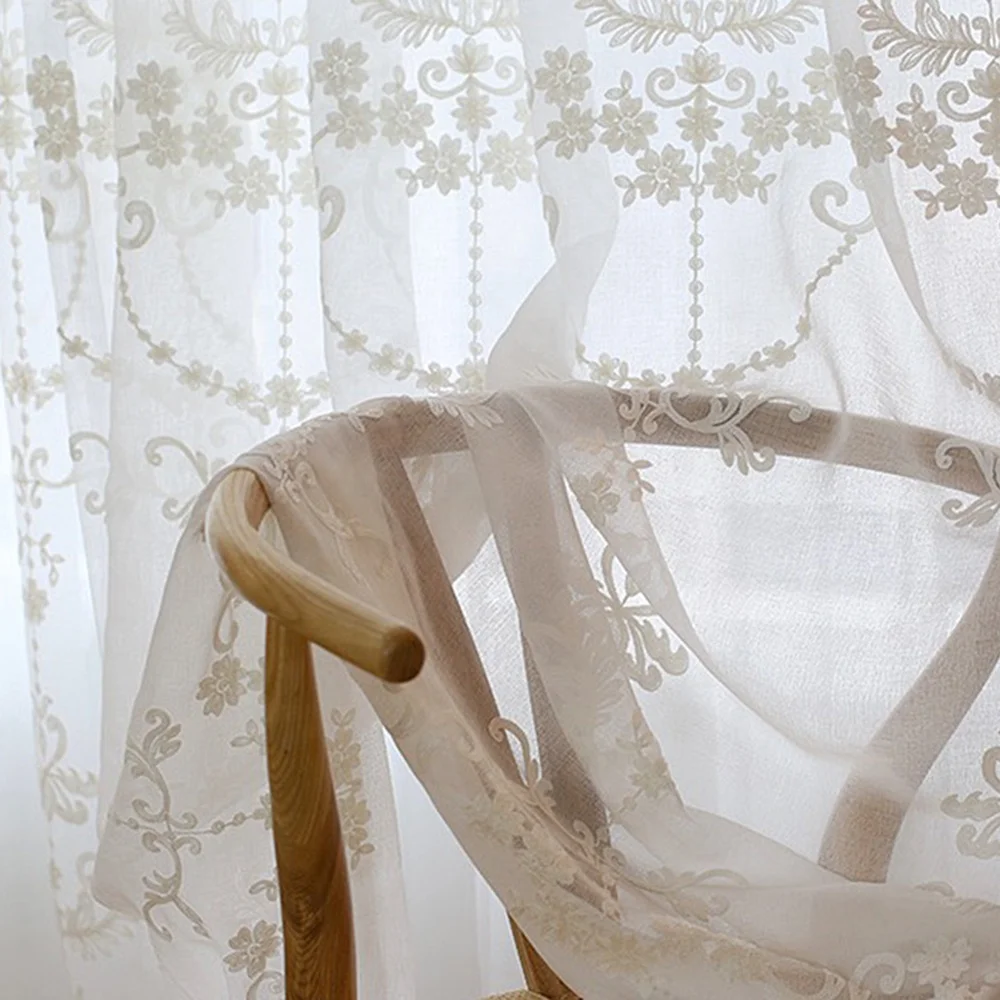 Classical Floral White Color Roman Curtains For Window Embroidery Tulle Sheer  Curtain