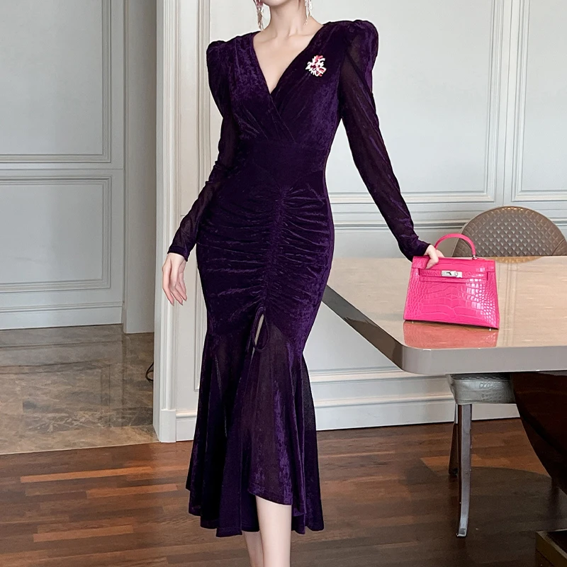 ZYHT 30995 Wholesale Ruched Split Sexy Christmas Gowns For Ladies Evening Dresses Long Sleeve Velvet Pink Women Winter Clothes